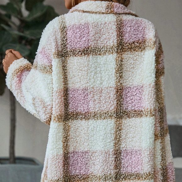 Tan Casual Womens Plaid Print Drop Shoulder Teddy Coat - Picture 2 of 5